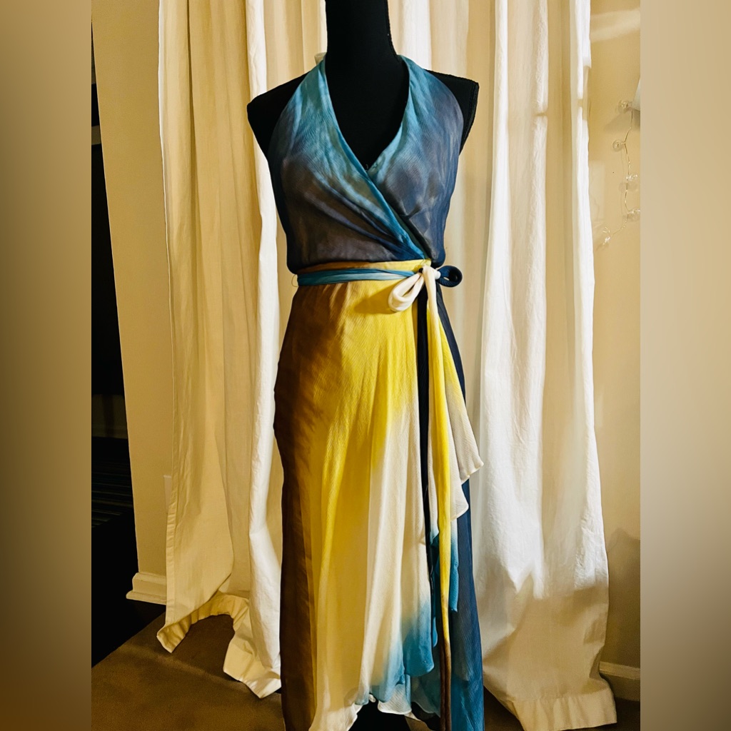 Blue,Turquoise,Yellow,Cream~Halter Dress